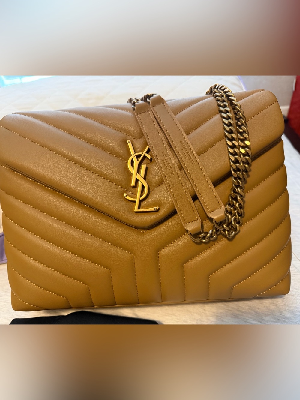 Saint Laurent Quilted Leather Shoulder Bag in Tan with Gold Chain